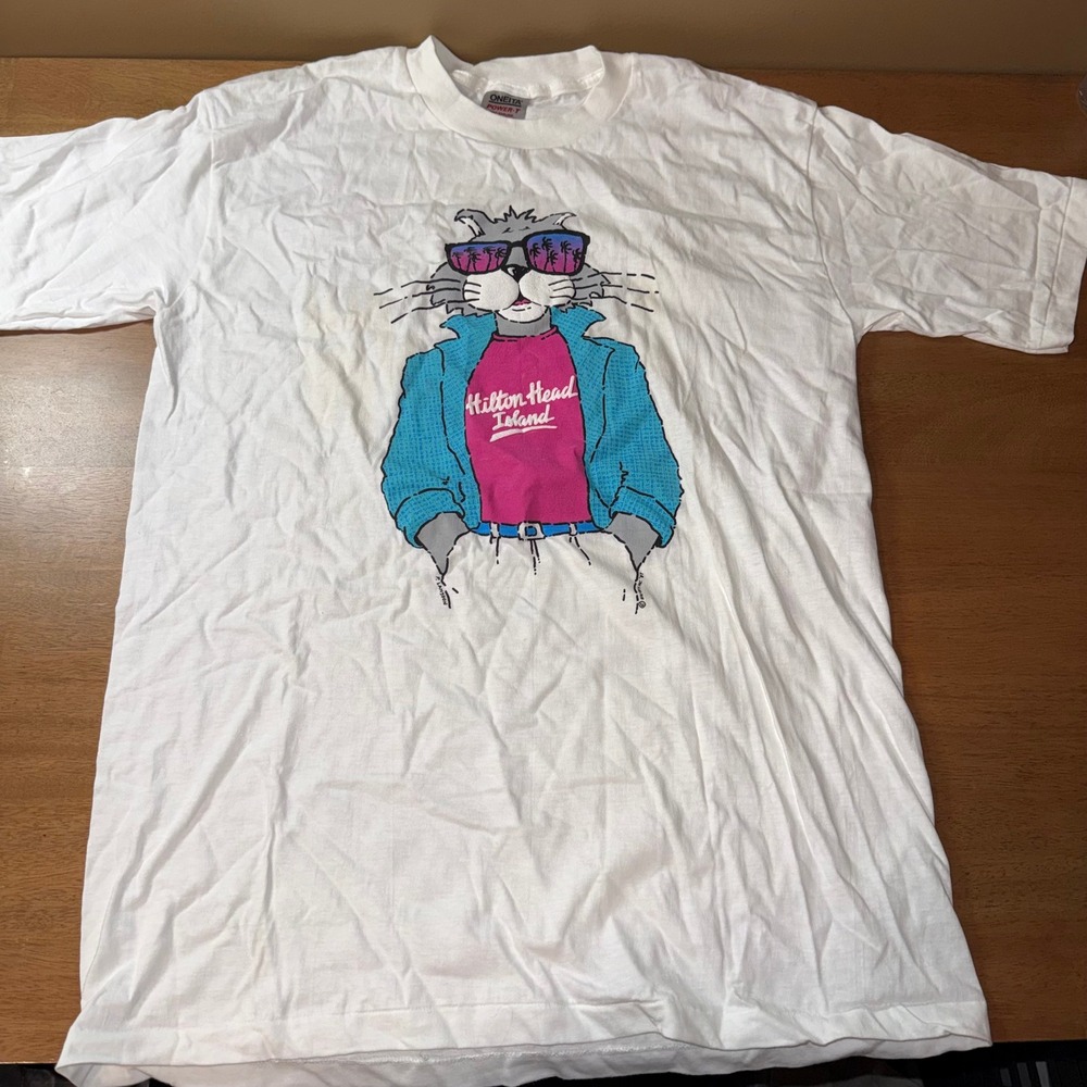 Vintage 1987 Hilton Head Island Cat T-Shirt Oneita Power-T White XL 80s Graphic